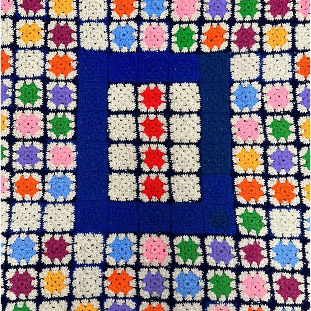 Vintage 70’s Granny Square Crochet Afghan Knitted Throw Blanket 48” x 51”